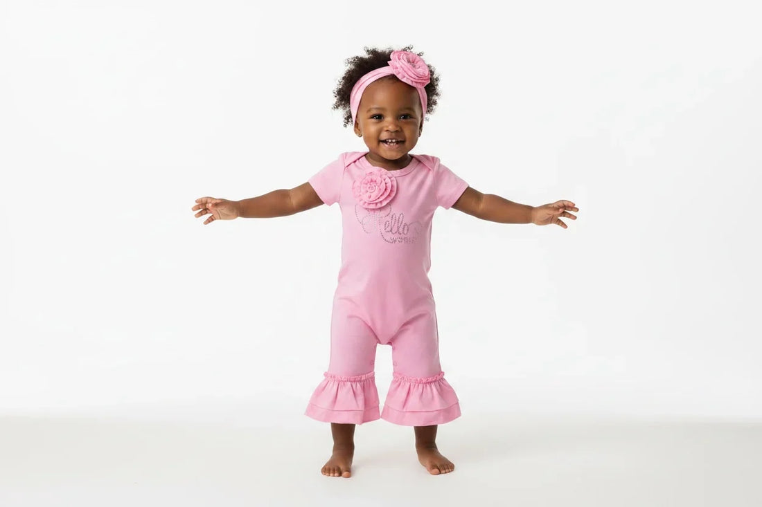 “Hello World” Pink Jumpsuit for Girls: A Sweet Outfit for Welcoming Your Little One