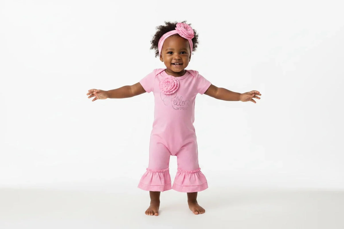“Hello World” Pink Jumpsuit for Girls: A Sweet Outfit for Welcoming Your Little One