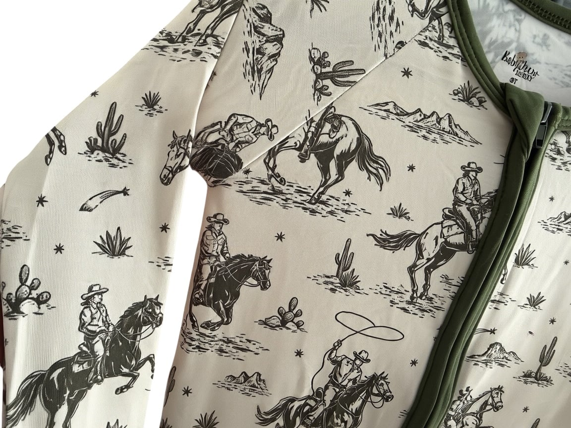 Bamboo Viscose Rodeo and Western Beige/Army green Zipper Pajamas for Boys