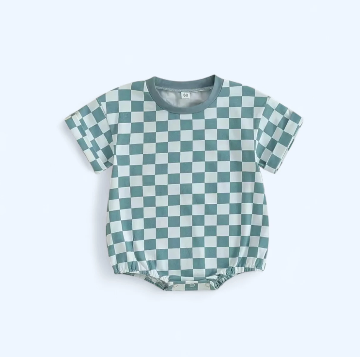 Pastel Blue Pop Checkered Bubble Romper Unisex image 1