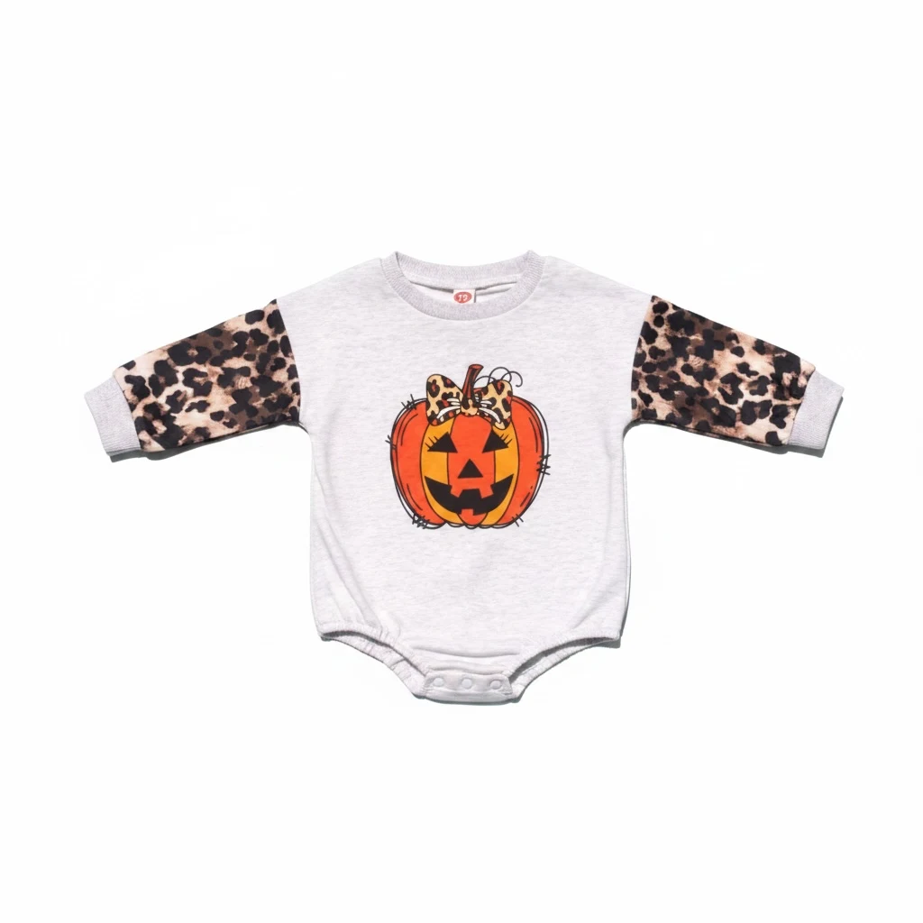 Leopard Long Sleeve Jack O Lantern Bubble Bodysuit for Girls