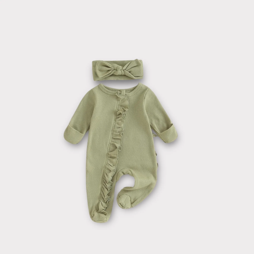 Waffle Cotton Light Green Zipper With Ruffles
