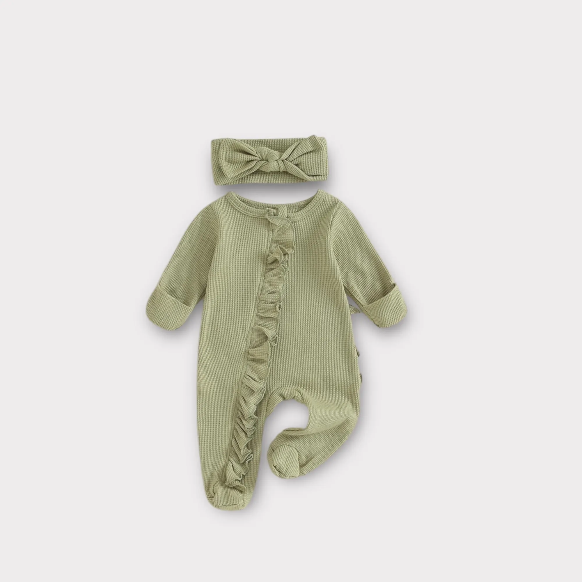Waffle Cotton Light Green Zipper With Ruffles