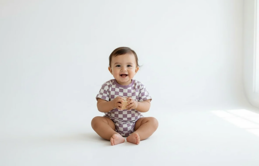 Pastel Purple Pop Checkered Bubble Romper for Girls
