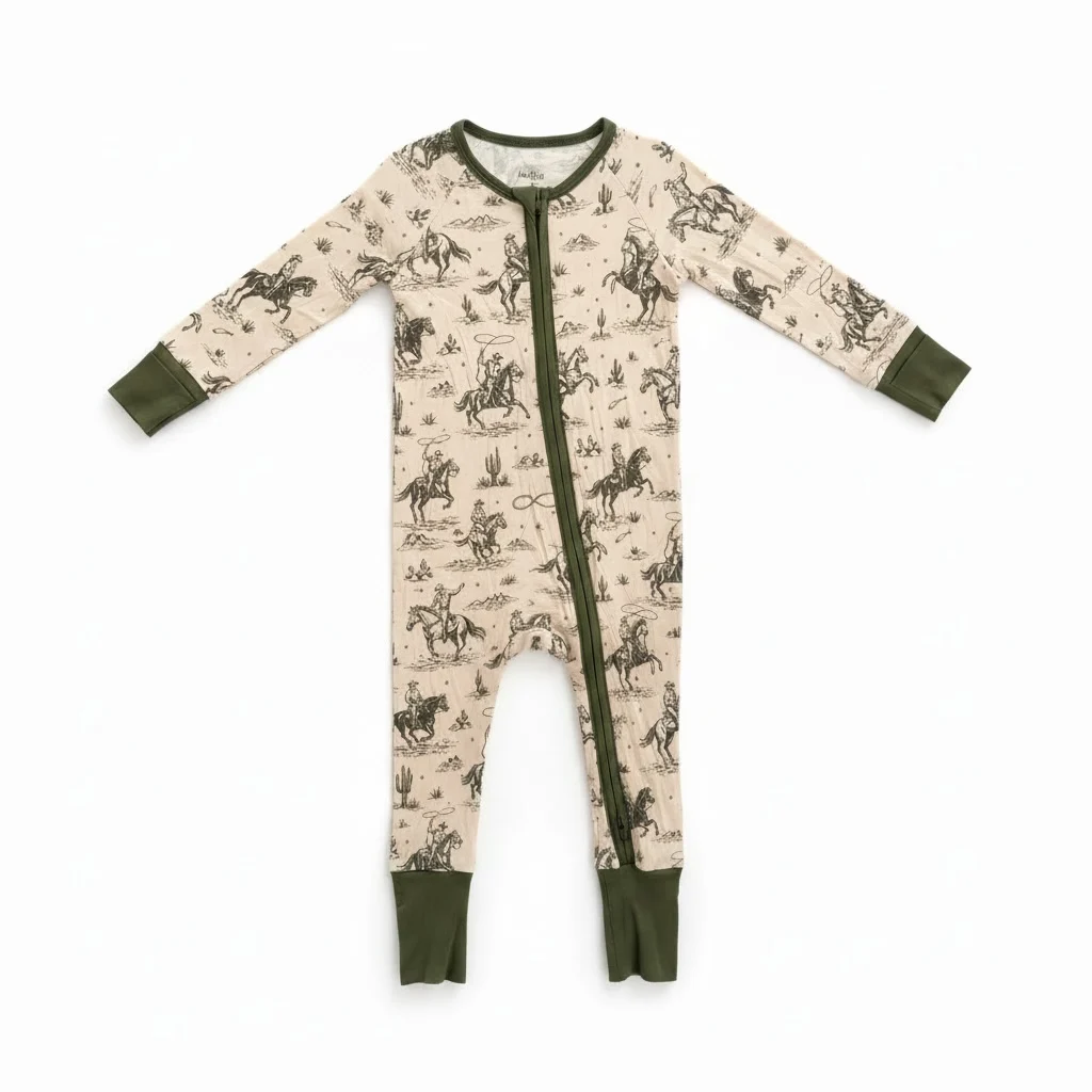 Bamboo Viscose Rodeo and Western Beige/Army green Zipper Pajamas for Boys