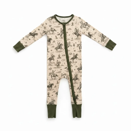 Bamboo Viscose Rodeo and Western Beige/Army green Zipper Pajamas for Boys
