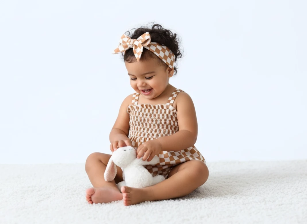 Checkered Charm Baby Bubble Romper Set-Khaki for Girls image 0