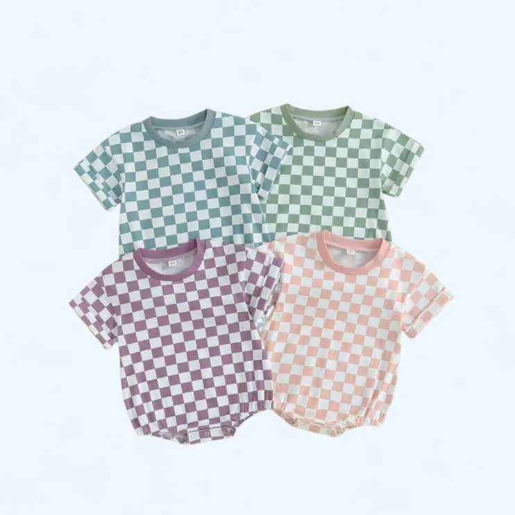 Pastel Blue Pop Checkered Bubble Romper Unisex image 2