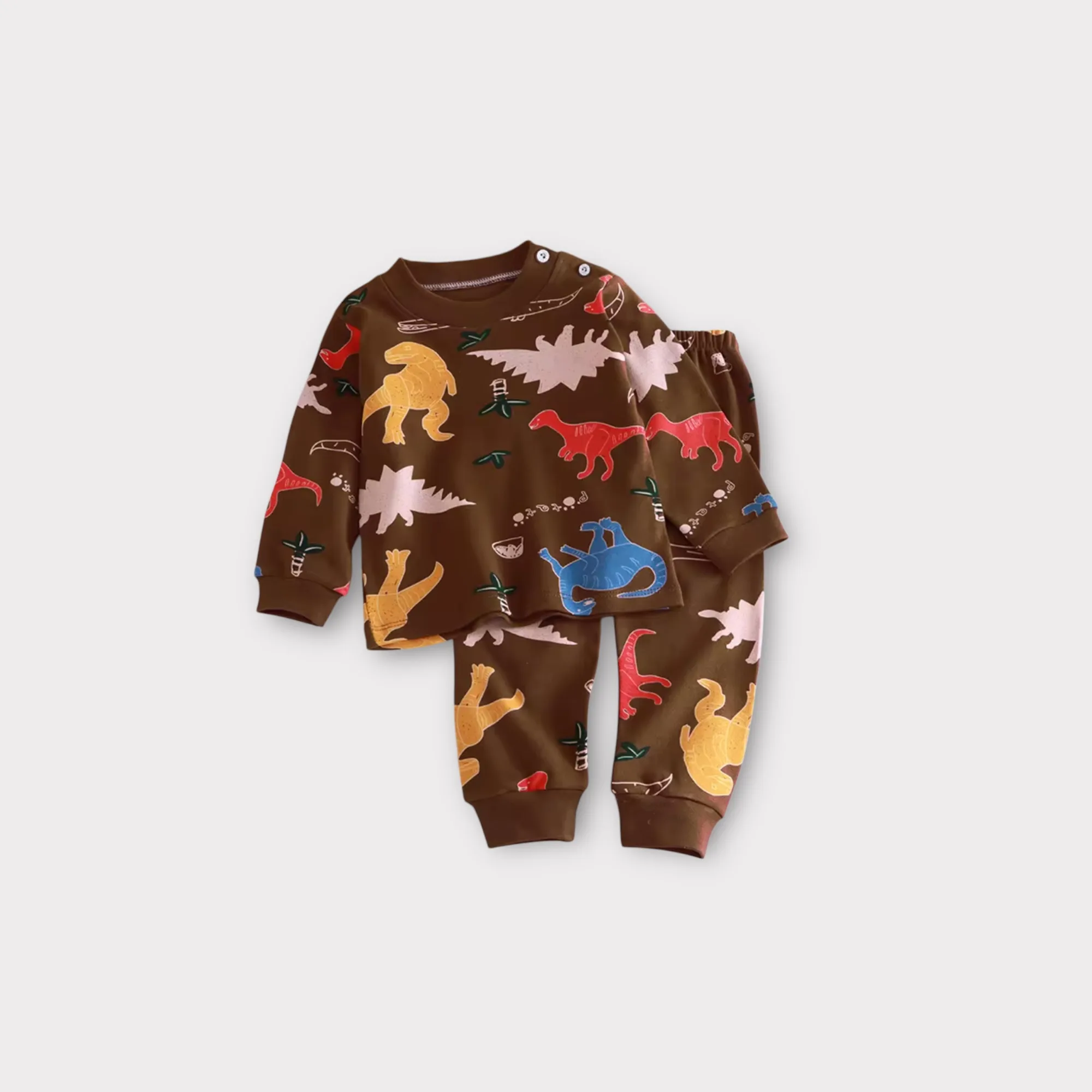 Mocha Brown Colorful Dinosaurs 2 Piece Jogger Set for Boys