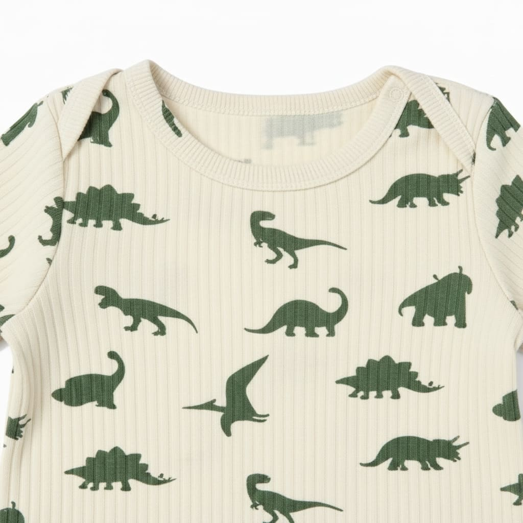 Beige and Green Dinosaur Ribbed Fabric Jumpsuit for Boys