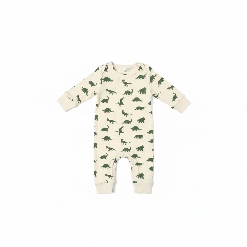 Beige and Green Dinosaur Ribbed Fabric Jumpsuit for Boys