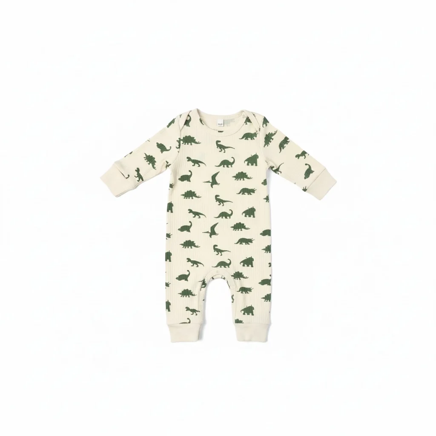 Beige and Green Dinosaur Ribbed Fabric Jumpsuit for Boys
