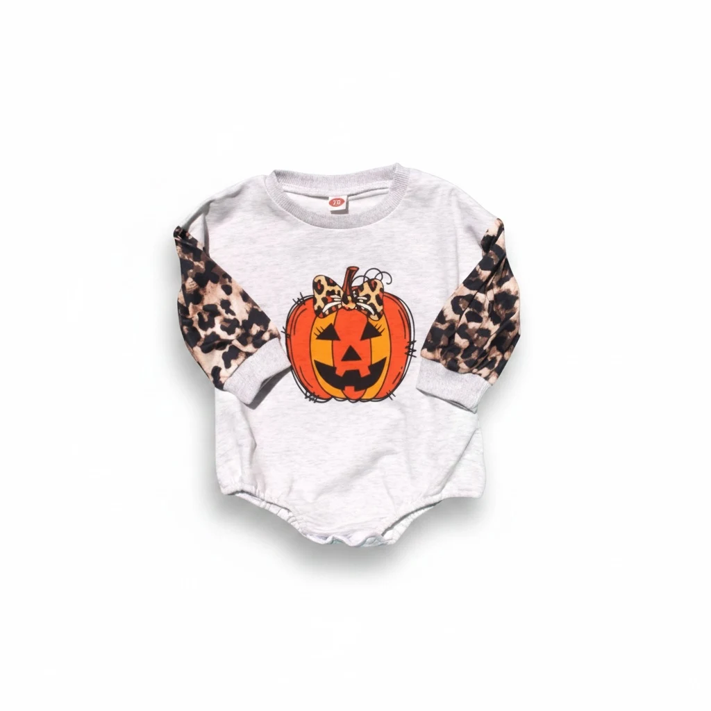 Leopard Long Sleeve Jack O Lantern Bubble Bodysuit for Girls