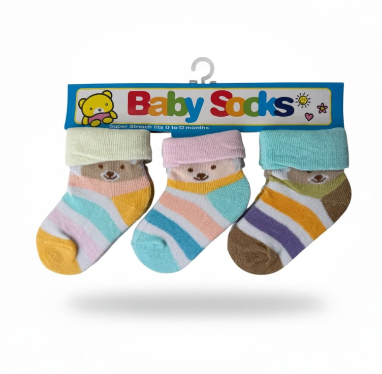3 Pairs Baby Socks Adorable Bears Pastel Striped