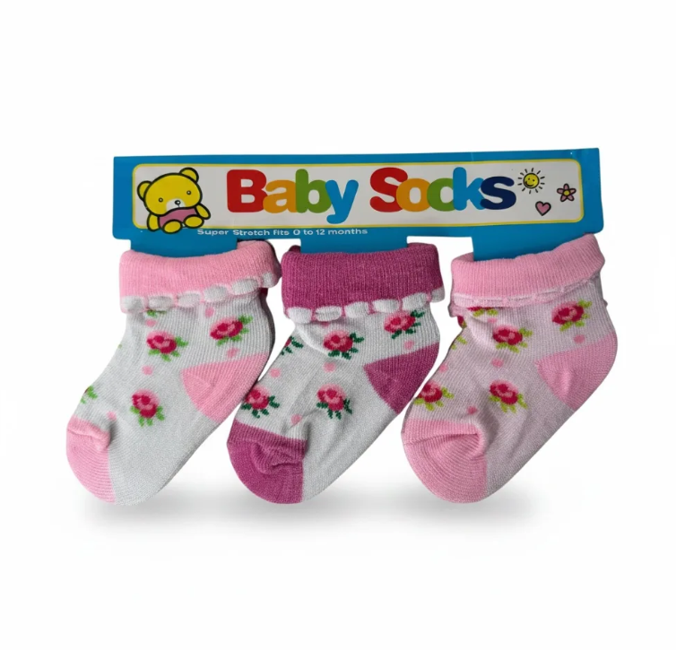 3 Pairs Baby Socks Adorable Floral Pink Shaded