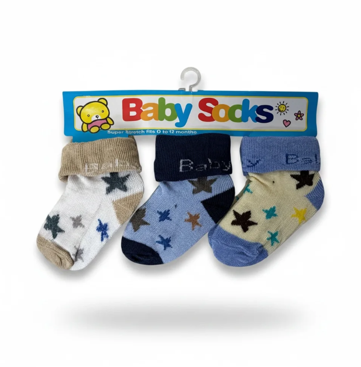 3 Pairs Baby Socks Adorable Stars Blue/Beige