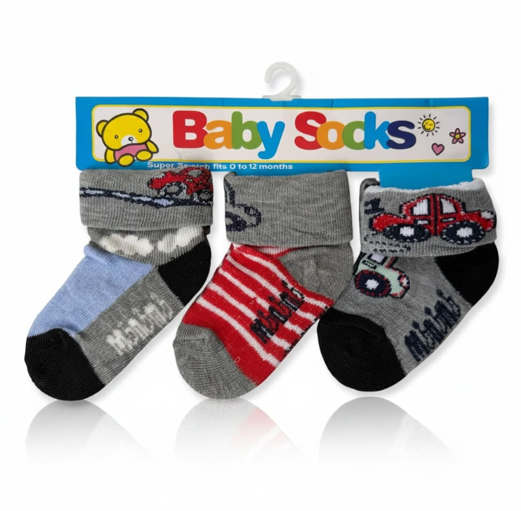 3 Pairs Baby Socks Adorable Truck Grey/Red Stripe Patterns