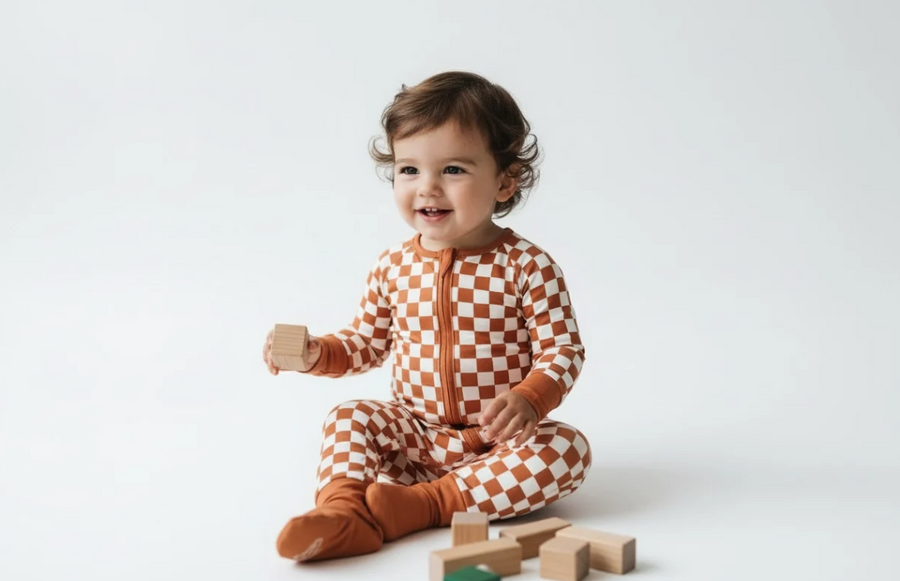 Boys Bamboo Checkered Sleeper – Soft Zip-Up Baby Pajamas in Bamboo Viscose