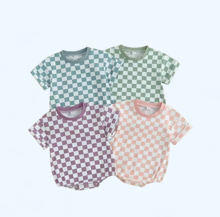 Pastel Purple Pop Checkered Bubble Romper for Girls image 1