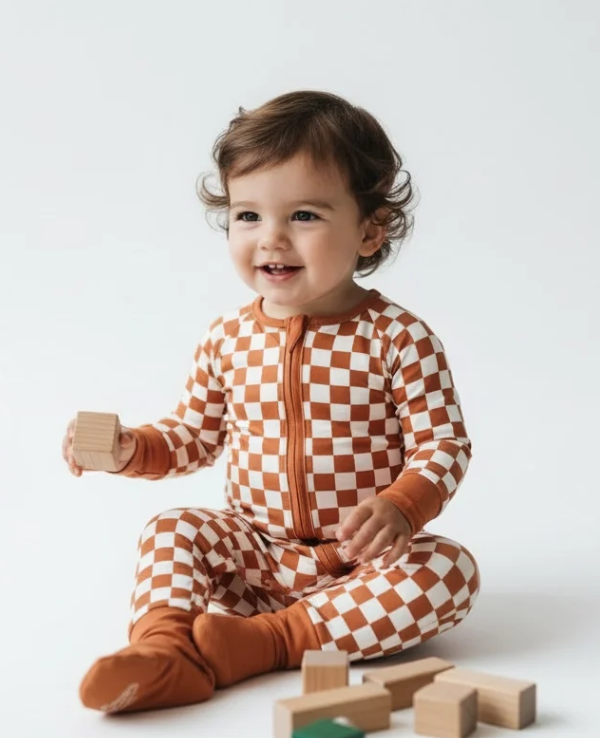Boys Bamboo Checkered Sleeper – Soft Zip-Up Baby Pajamas in Bamboo Viscose