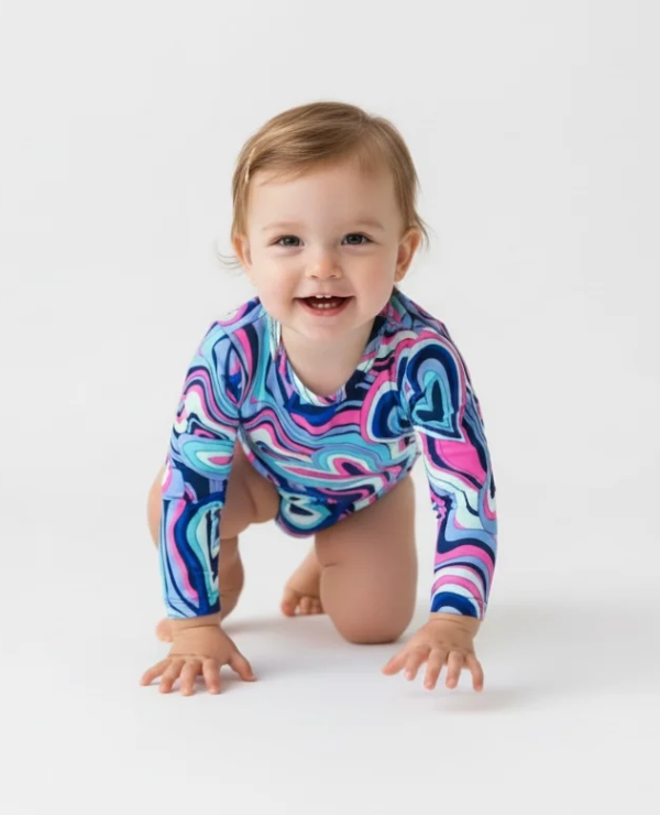 Girls Groovy Heart Long Sleeve Bodysuit – Retro Baby Girl Outfit