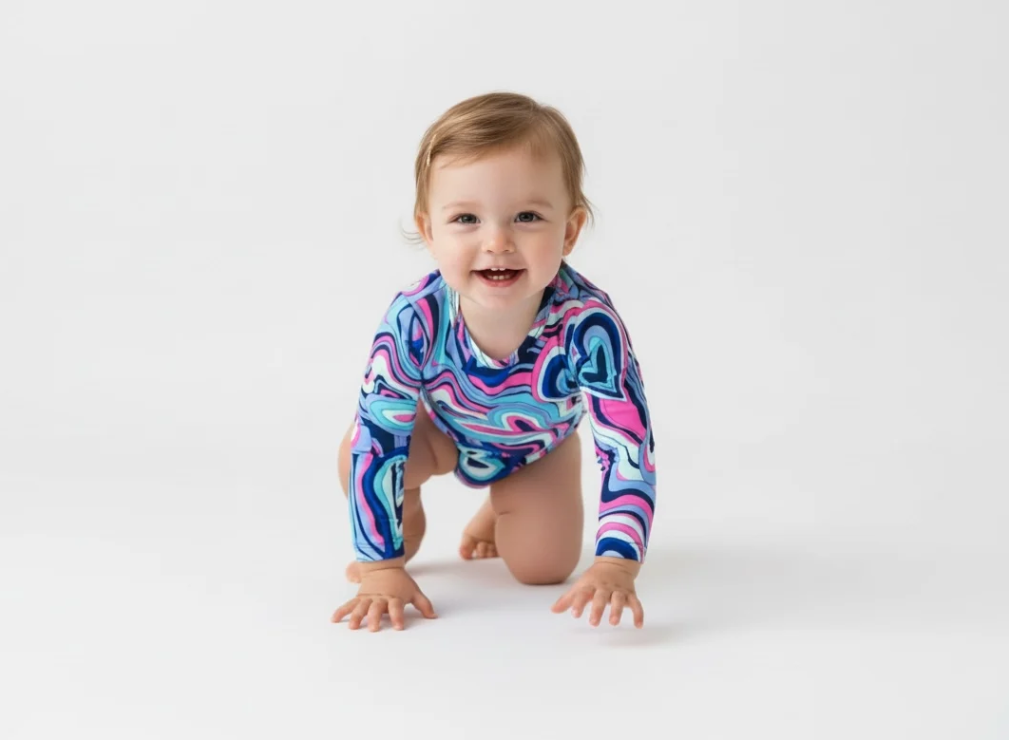 Girls Groovy Heart Long Sleeve Bodysuit – Retro Baby Girl Outfit