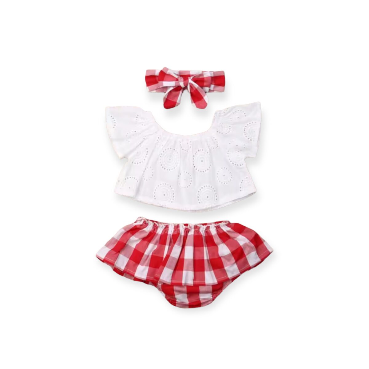 Patriotic Baby Girl Outfit – 3-Piece Eyelet Top & Red Gingham Set