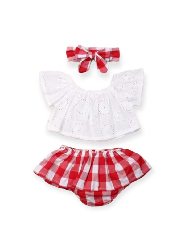 Patriotic Baby Girl Outfit - 3-Piece Eyelet Top & Red Gingham Set