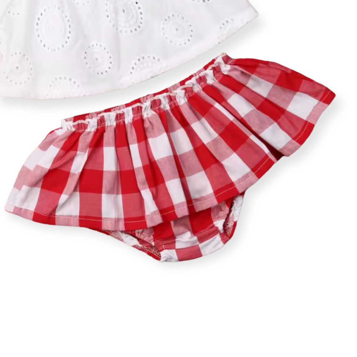 Patriotic Baby Girl Outfit – 3-Piece Eyelet Top & Red Gingham Set - Image 2