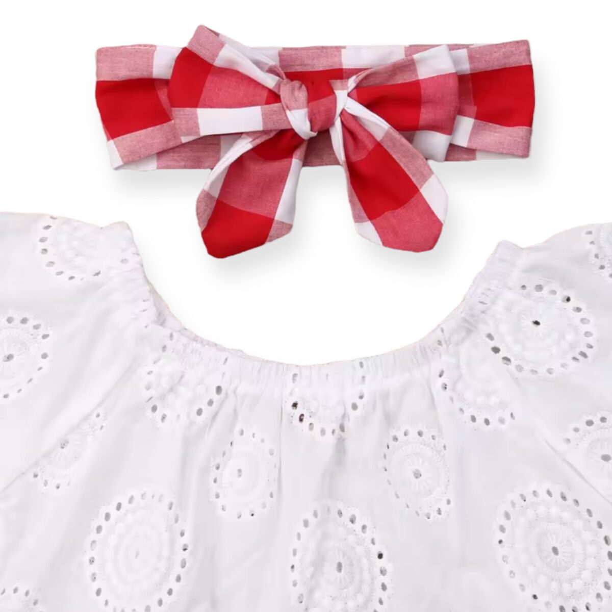Patriotic Baby Girl Outfit – 3-Piece Eyelet Top & Red Gingham Set - Image 3