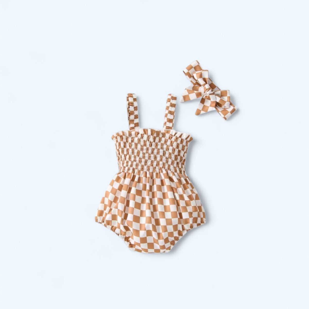 Checkered Charm Baby Bubble Romper Set-Khaki