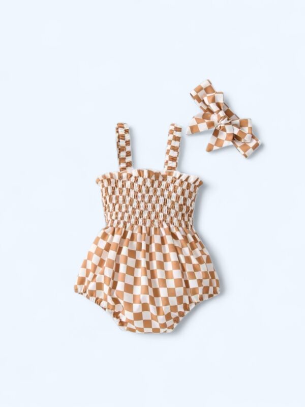 Checkered Charm Baby Bubble Romper Set-Khaki