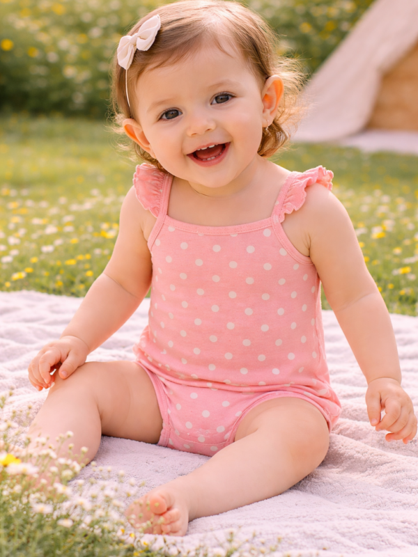 White Polkadots on Pink Bodysuit for This Spring Season