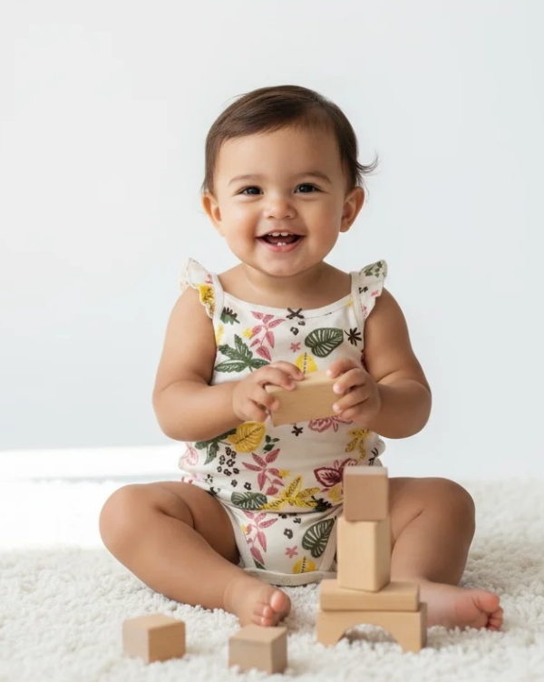 White Floral Plants Bodysuit for Girls