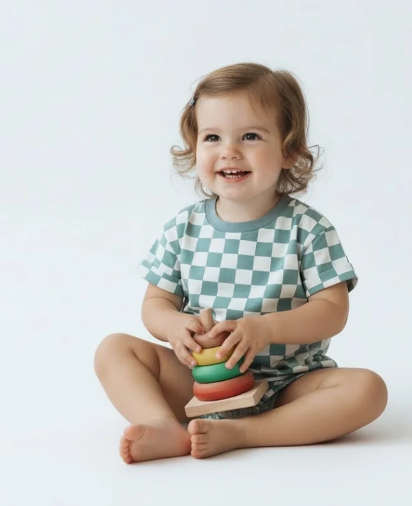 Pastel Blue Pop Checkered Bubble Romper Unisex