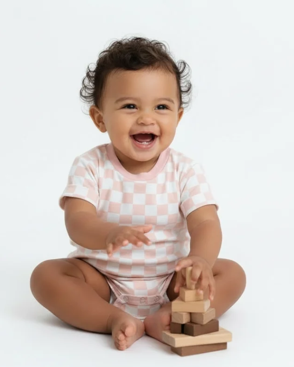 Pastel Pink Pop Checkered Bubble Romper