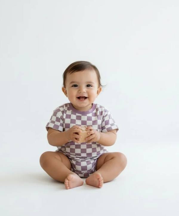 Pastel Purple Pop Checkered Bubble Romper for Girls