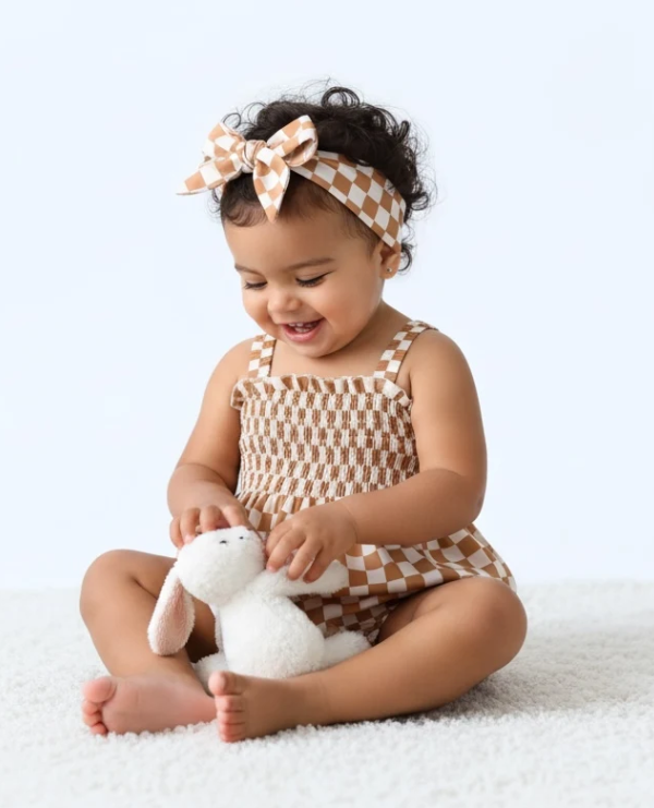 Checkered Charm Baby Bubble Romper Set-Khaki for Girls