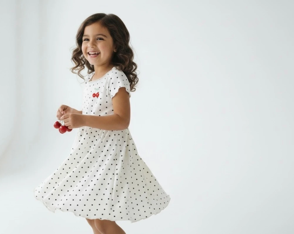 Polkadot Cherry Cream Dress for Girls